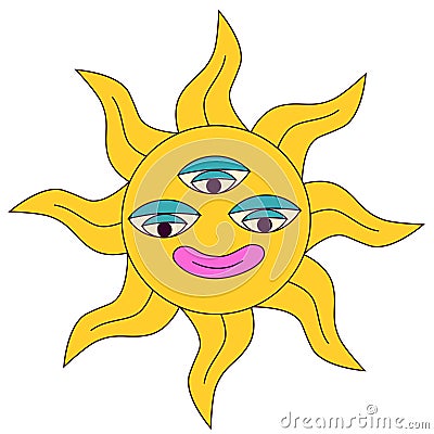 Abstract esoteric psychedelic sun icon. Trippy hippie 1970 style third eyes sun smile. Y2k lsd nostalgia sticker. Positive vintage Vector Illustration