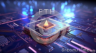 Abstract ethereum(ETH) coin on the background of a circuit board innovations, 3D rendering, Generative AI illustrations Cartoon Illustration