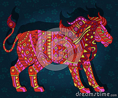 Abstract ethnic illustration with red lion on a dark blue floral background Vector Illustration