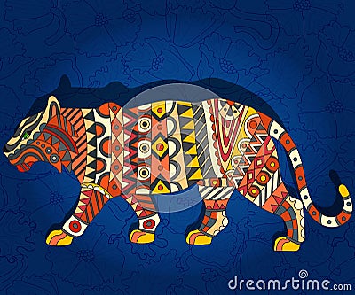 Abstract ethnic illustration with tiger on a dark blue floral background Vector Illustration