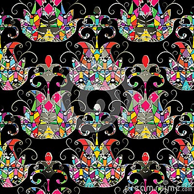 Abstract ethnic style geometric seamless pattern. Vector ornamental tribe background with geometrical colorful flowers, shapes, e Vector Illustration