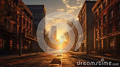 Abstract European City. Deserted city streets at dawn with the first rays of sunlight casting long shadows. Stock Photo