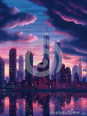 An abstract evening large metropolis with skyscrapers on the ocean. Stock Photo