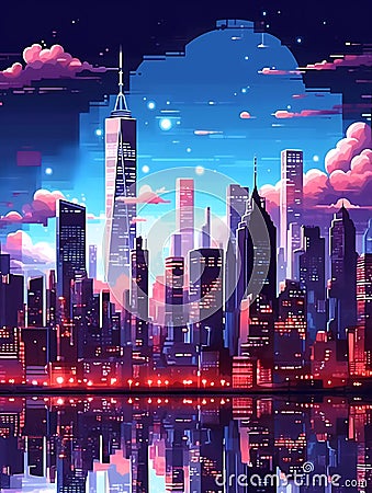 An abstract evening large metropolis with skyscrapers on the ocean. Stock Photo