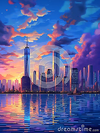 An abstract evening large metropolis with skyscrapers on the ocean. Stock Photo