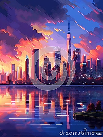 An abstract evening large metropolis with skyscrapers on the ocean. Stock Photo