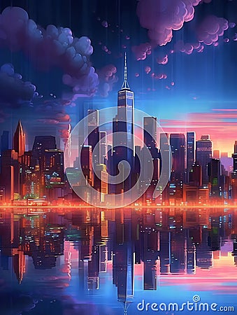 An abstract evening large metropolis with skyscrapers on the ocean. Stock Photo