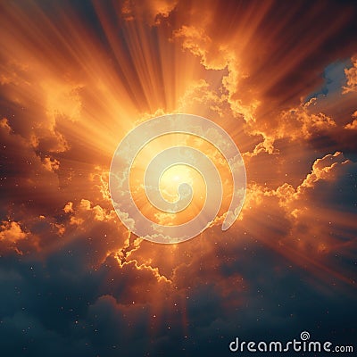 Abstract evening sky Sunset with clouds and radiant light rays Stock Photo