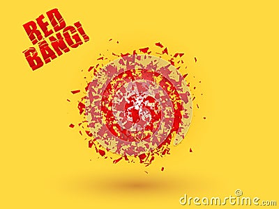 Abstract explosion cloud of red pieces on bright orange yellow background. Explosive destruction. Particles of star burst Vector Illustration