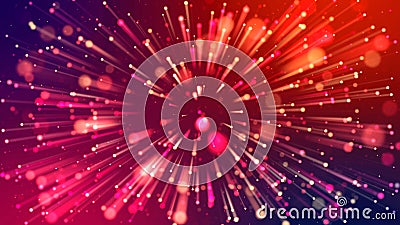 Abstract explosion of multicolored shiny particles like sparkles with light rays like laser show. 3d abstract background Stock Photo