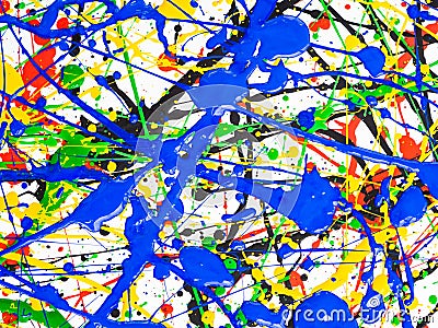 Abstract expressionism art creative background. art of splashes and drips . red black green yellow blue paint on white background Stock Photo