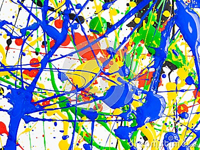 Abstract expressionism art creative background. art of splashes and drips . red black green yellow blue paint on white background Stock Photo