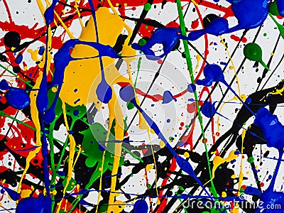 Abstract expressionism art creative background. art of splashes and drips . red black green yellow blue paint on white background Stock Photo