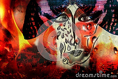 Abstract face of crying woman. Bizarre face drawÑ‚ by pen on paper lined sheet. Fantasy photo collage with exotic butterflies. Editorial Stock Photo
