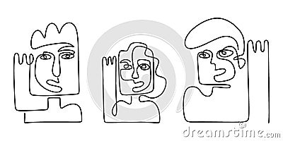 Abstract face one line drawing. Modern faces and hairstyle, fashion concept, woman or man. Set of three abstract face. Portrait Vector Illustration