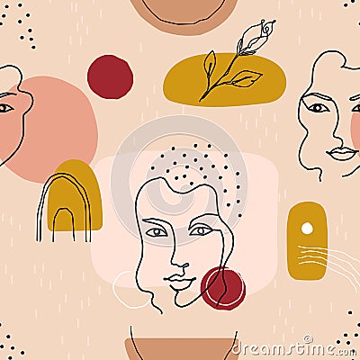 Abstract face pattern. Seamless minimalist contemporary girl portraits with one line floral elements. Natural beige Vector Illustration