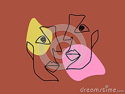 Abstract faces people drawn by one line communicate clipart. Men have pink sensual dialogue in orange space. Vector Illustration