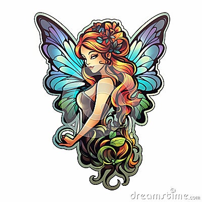 Gilded Fairy Tattoo: Colorful Wings And Vines In Luminous Cartoon Style Stock Photo