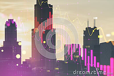 Abstract falling candlestick forex chart and index on blurry city texture. Crisis and finance concept. Stock Photo