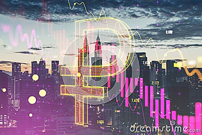 Abstract falling candlestick forex graph and ruble on blurry city background. Crisis and finance concept. Stock Photo