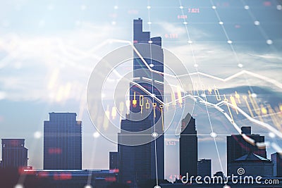 Abstract falling forex chart with index on city background. Crisis and declining trade concept. Double exposure Stock Photo
