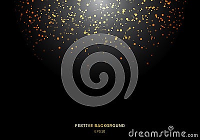 Abstract falling golden glitter lights texture on a black background with lighting. Magic gold dust and glare. Festive Christmas Vector Illustration