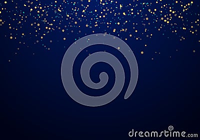 Abstract falling golden glitter lights texture on a dark blue background with lighting Vector Illustration