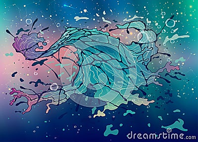 Abstract fantasy cosmic galaxy or nebula of stars in space as beautiful blue green pattern over dark deep turquoise background Vector Illustration