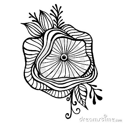 Abstract fantasy flower framed by leaves and buds coloring page. Doodle style elegant floret Vector Illustration