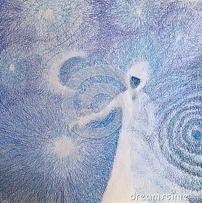 Abstract night with angel, moon, stars. Cartoon Illustration