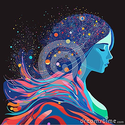 Abstract fantasy portrait of a woman. Galaxy Girl. Starry Night Girl. Vector Illustration