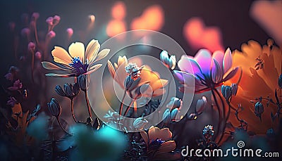 Abstract fantasy wonderland Springs flowers on blurry background, seasoning of floral, composition flat lay with Generative AI Stock Photo