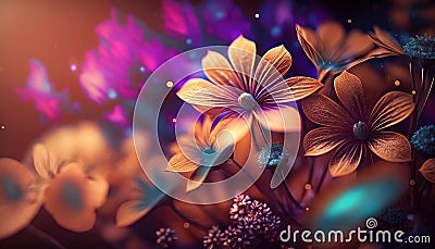 Abstract fantasy wonderland Springs flowers on blurry background, seasoning of floral, composition flat lay with Generative AI Stock Photo