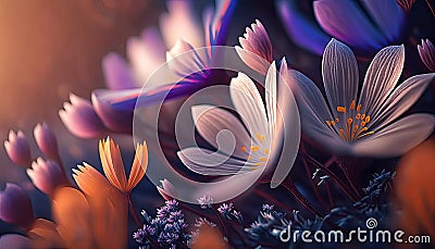 Abstract fantasy wonderland Springs flowers on blurry background, seasoning of floral, composition flat lay with Generative AI Stock Photo