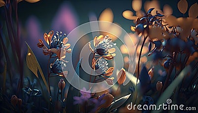 Abstract fantasy wonderland Springs flowers on blurry background, seasoning of floral, composition flat lay with Generative AI Stock Photo