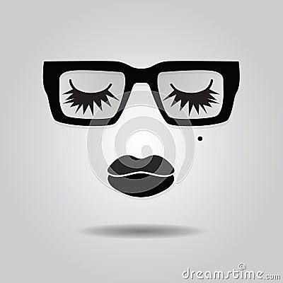 Abstract fashionable lady face with lips, closed eyes, thick eyelashes, and trendy square sunglasses icons on gray gradient Vector Illustration