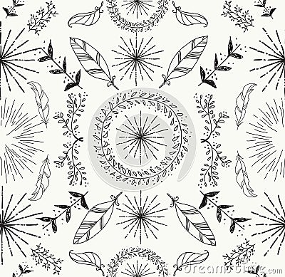 Abstract feather and floral seamless pattern Vector Illustration