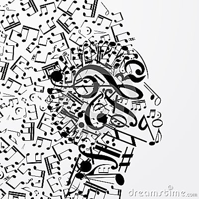 Abstract female profile composed of musical signs, notes. Vector Illustration