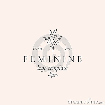 Abstract Feminine Vector Sign, Symbol or Logo Template. Retro Floral Illustration with Classy Typography. Premium Vector Illustration