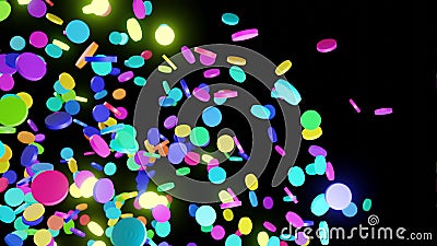 abstract festive background with cloud of circles like disks flashing neon light randomly. Multi-colored cylinders Stock Photo