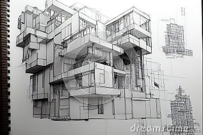 fictional architectural drawings and sketches made with Generative AI. Architecture dreams and ambitions concept. Stock Photo