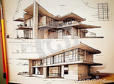 Abstract fictional architectural drawings and sketches made with Generative AI. Architecture dreams and ambitions concept. Stock Photo