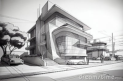 Abstract fictional architectural drawings and sketches made with Generative AI. Architecture dreams and ambitions concept. Stock Photo