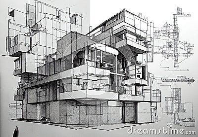 Abstract fictional architectural drawings and sketches made with Generative AI. Architecture dreams and ambitions concept. Stock Photo