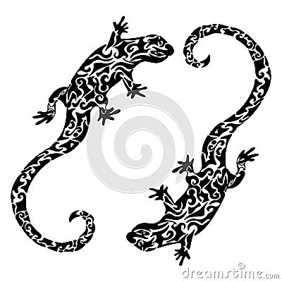 Abstract figured patterned lizards, tattoo sketch, print. Black and white illustration Vector Illustration