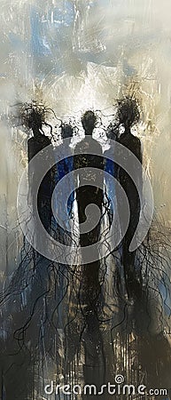 Abstract figures stand in unity a web of interaction under a cascade of light Stock Photo