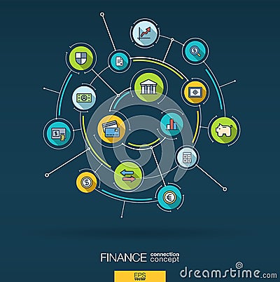 Abstract finance, bank technology background. Digital connect system with integrated circles, flat line icons. Vector Vector Illustration