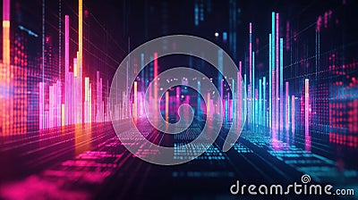 Abstract financial graph shows colorful bars, lines glowing. Market analysis data trends represented by dynamic chart patterns. Stock Photo
