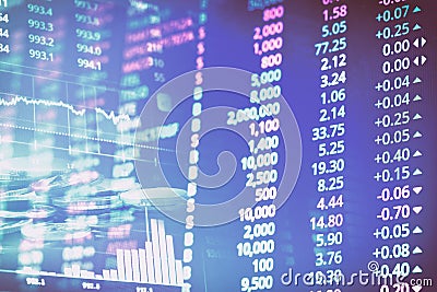 Abstract financial stock numbers chart with graph and stack of coins in Double exposure style background Stock Photo