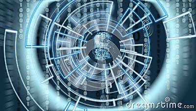 Abstract fingerprint om virtual screen with matrix code in the background and patern surrounding it Stock Photo